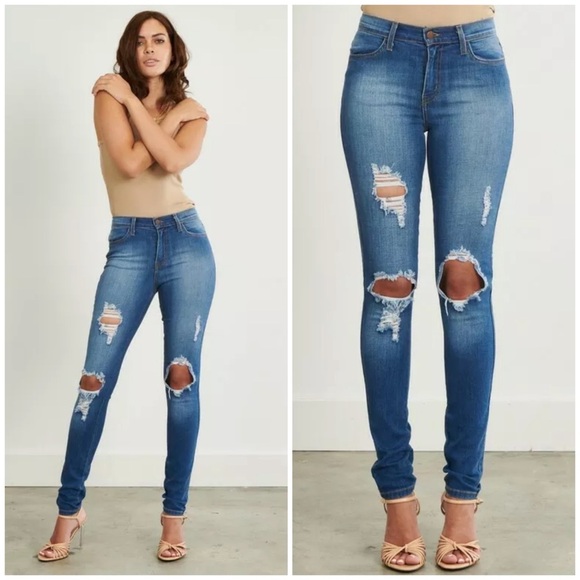 Destroyed Ripped Mid Rise Stretch Skinny Jeans - Picture 1 of 8